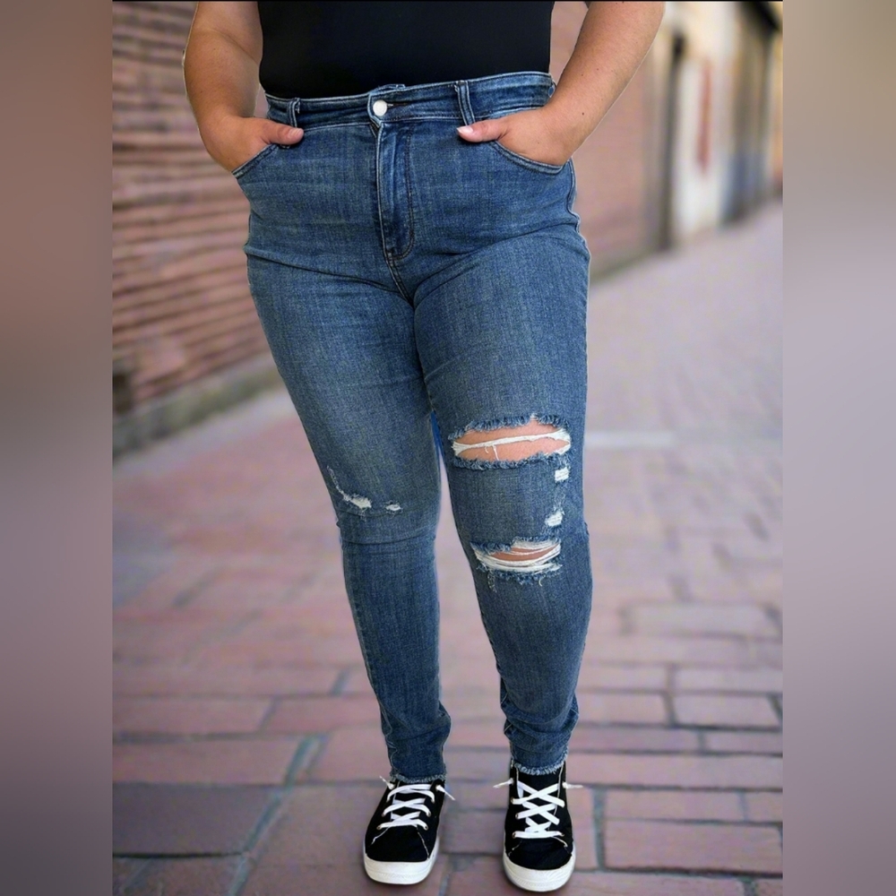 Judy Blue High-Rise Skinny Stretch Distressed Slim Torn Denim Raw Hem Jean Pants